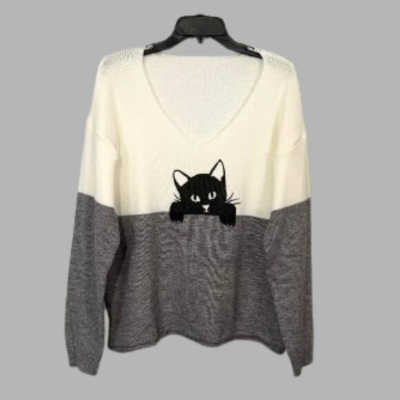 Super Cute Gray/Off White Black Cat Sweater V Neck Dolman Long Sleeves SZ XL - Picture 2 of 8